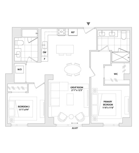 Floor plan for 2 beds, 2 baths, 992 sqft